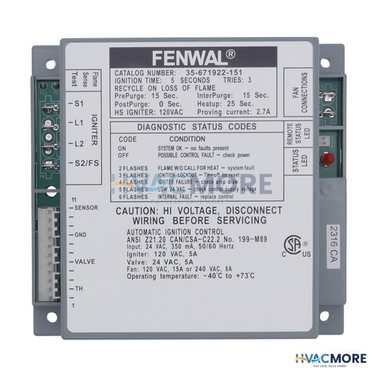 Fenwal Hot Surface Ignition Control, 24V W/ 15 sec. Prepurge (5 sec. TFI) 35-671922-151