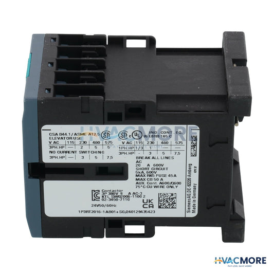 Siemens 3 Pole 24V 9 Amp 1N/O Aux. Contactor 3RT2016-1AB01