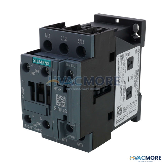Siemens 3 Pole, 32 Amp, 1NO/1NC, 110/120V Power Contactor 3RT2027-1AK60