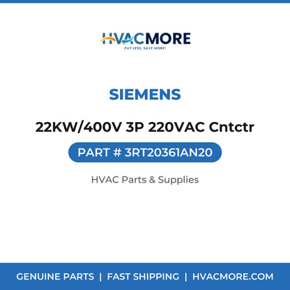 Siemens 22KW/400V 3P 220VAC Cntctr 3RT20361AN20