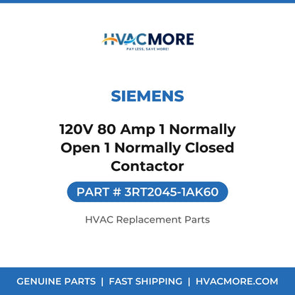 Siemens 120V 80 Amp 1 Normally Open 1 Normally Closed Contactor 3RT2045-1AK60