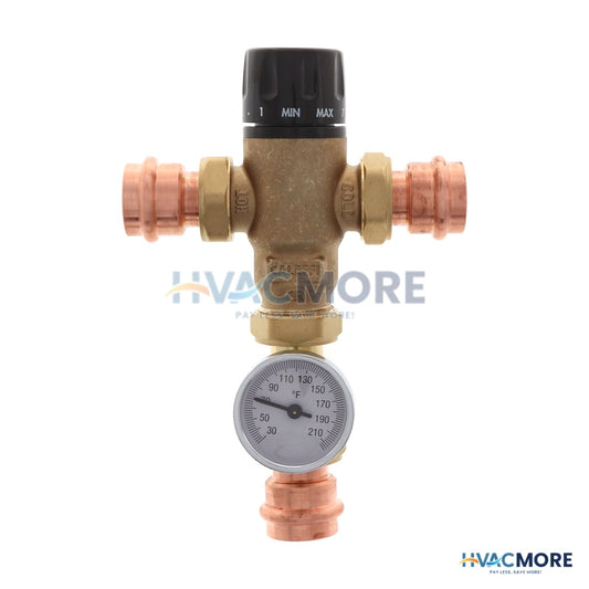 Caleffi 1" Press MIXCAL 3-WAY Adjustable Thermostatic and Pressure Balanced Mixing Valve W/ Gauge 521616A