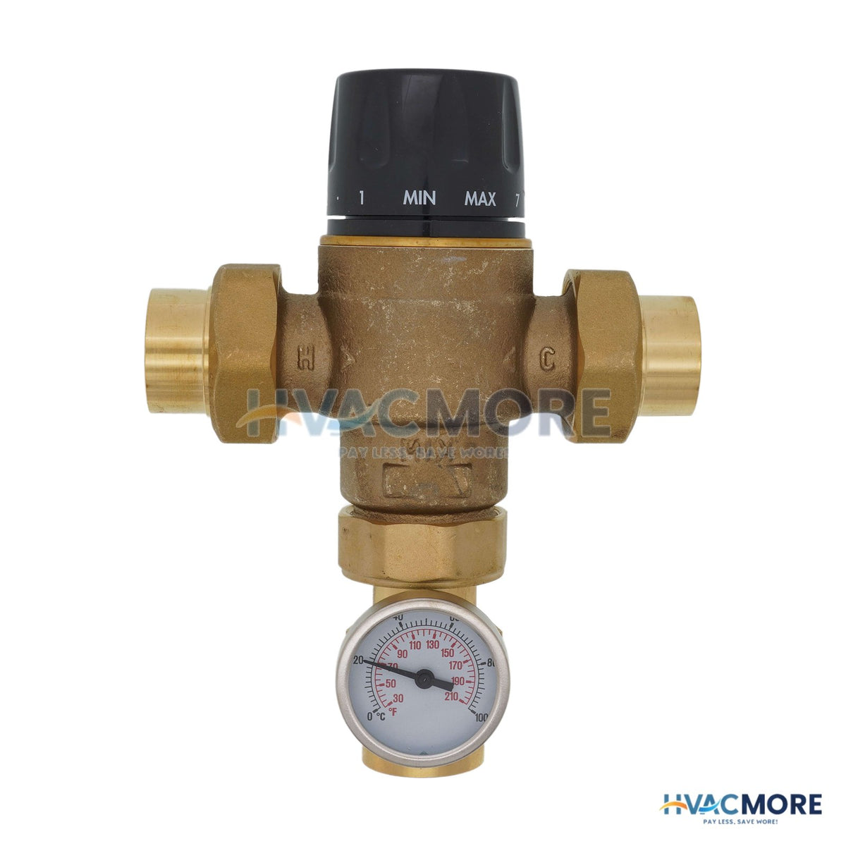 Caleffi 1-1/4" Sweat High Flow Thermostatic Mix. Valve, Temp Gauge, 7.6 CV (LF) 523177A