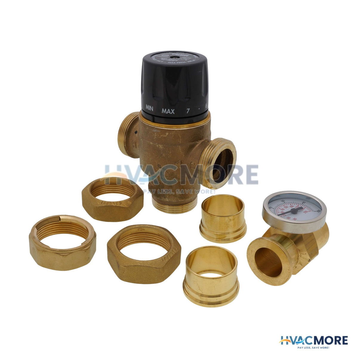 Caleffi 1-1/4" Sweat High Flow Thermostatic Mix. Valve, Temp Gauge, 7.6 CV (LF) 523177A