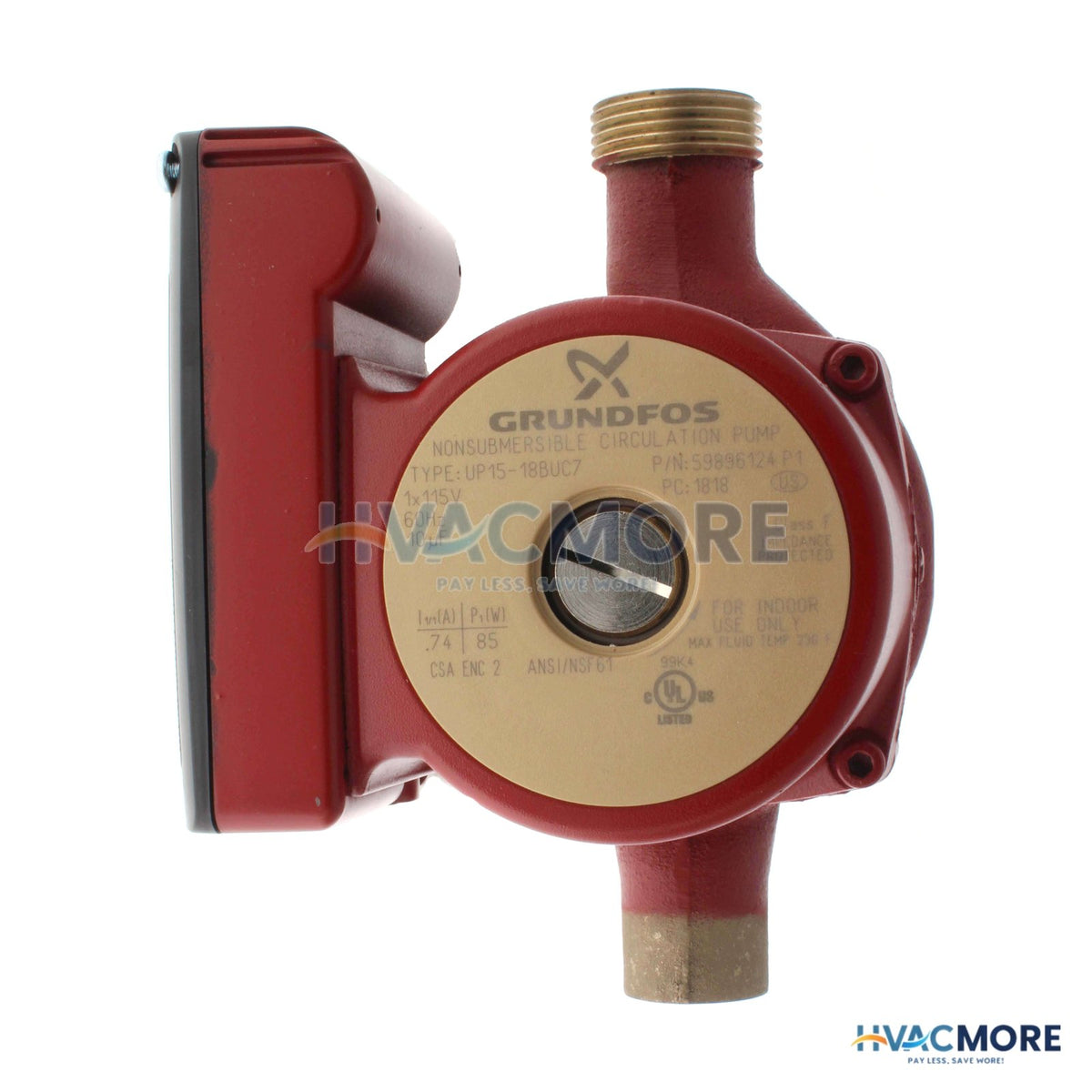 Grundfos 3/4" Sweat UP15-18BUC7 1-SPEED Bronze Circulator Pump, 115V, 1/25 HP 59896124