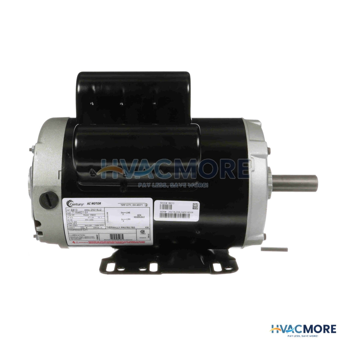 Century 5 HP 230V Air Compressor Motor, 1 PH, 3600 RPM, 56Hz Frame, ODP B813
