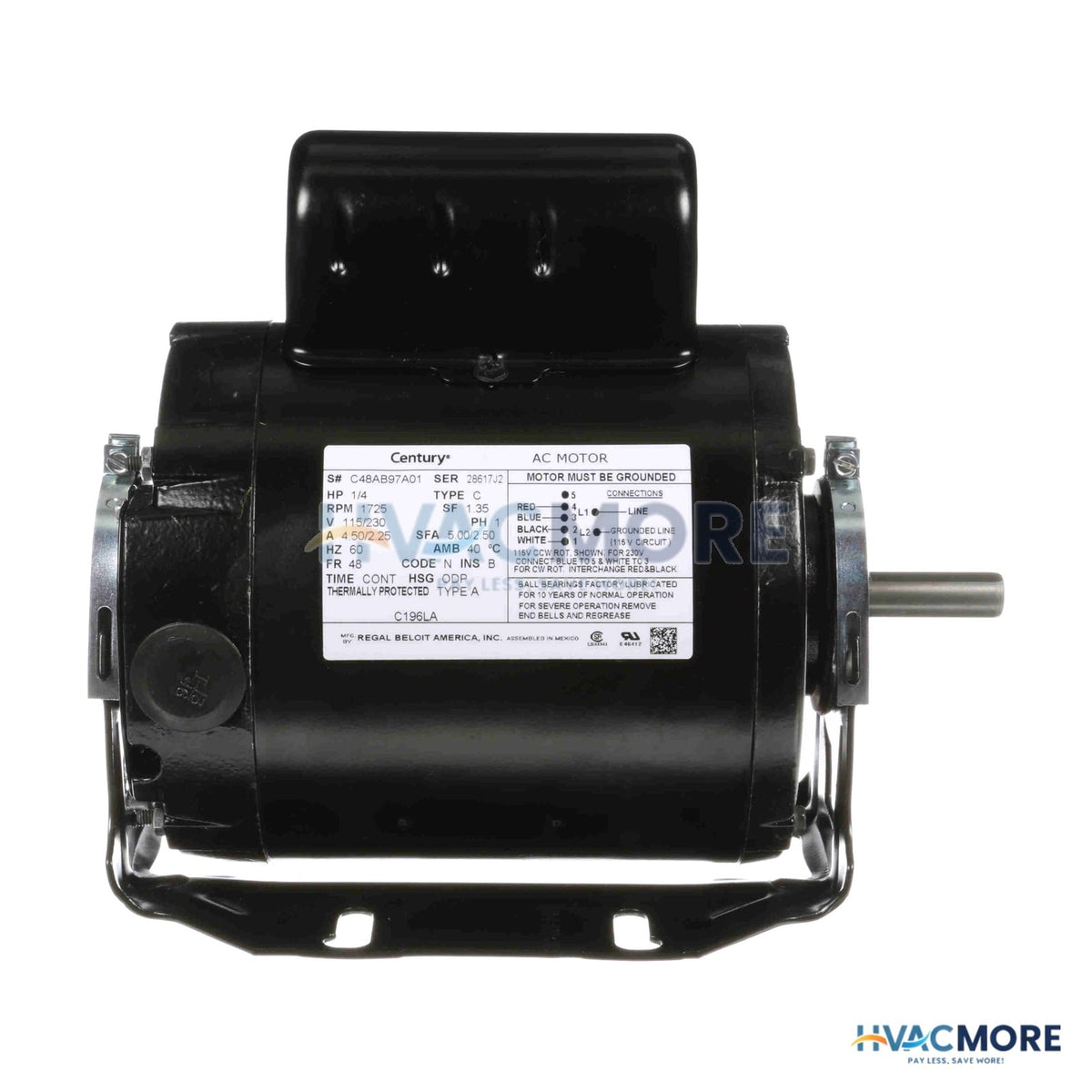 Century 1/4 HP 115/230V Fan and Blower HVAC/R Motor, 1 PH, 1800 RPM, 48 Frame, ODP C196LA