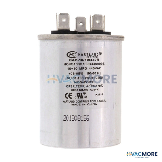 Hartland Controls 10/10 MFD Round Dual Motor Run Capacitor (370/440V) CAP-10/10/440R