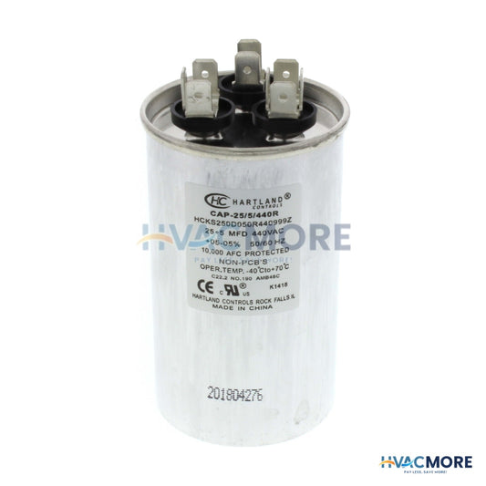 Hartland Controls 25/5 MFD Round Dual Motor Run Capacitor (370/440V) CAP-25/5/440R