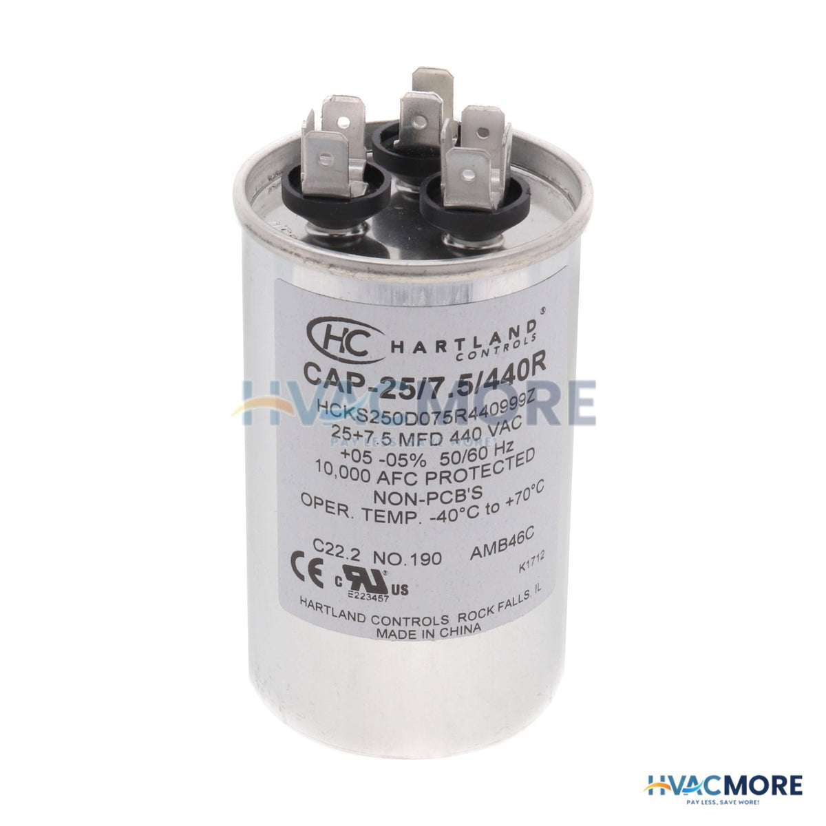 Hartland Controls 25/7.5 MFD Round Dual Motor Run Capacitor (370/440V) CAP-25/7.5/440R