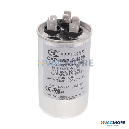 Hartland Controls 25/7.5 MFD Round Dual Motor Run Capacitor (370/440V) CAP-25/7.5/440R