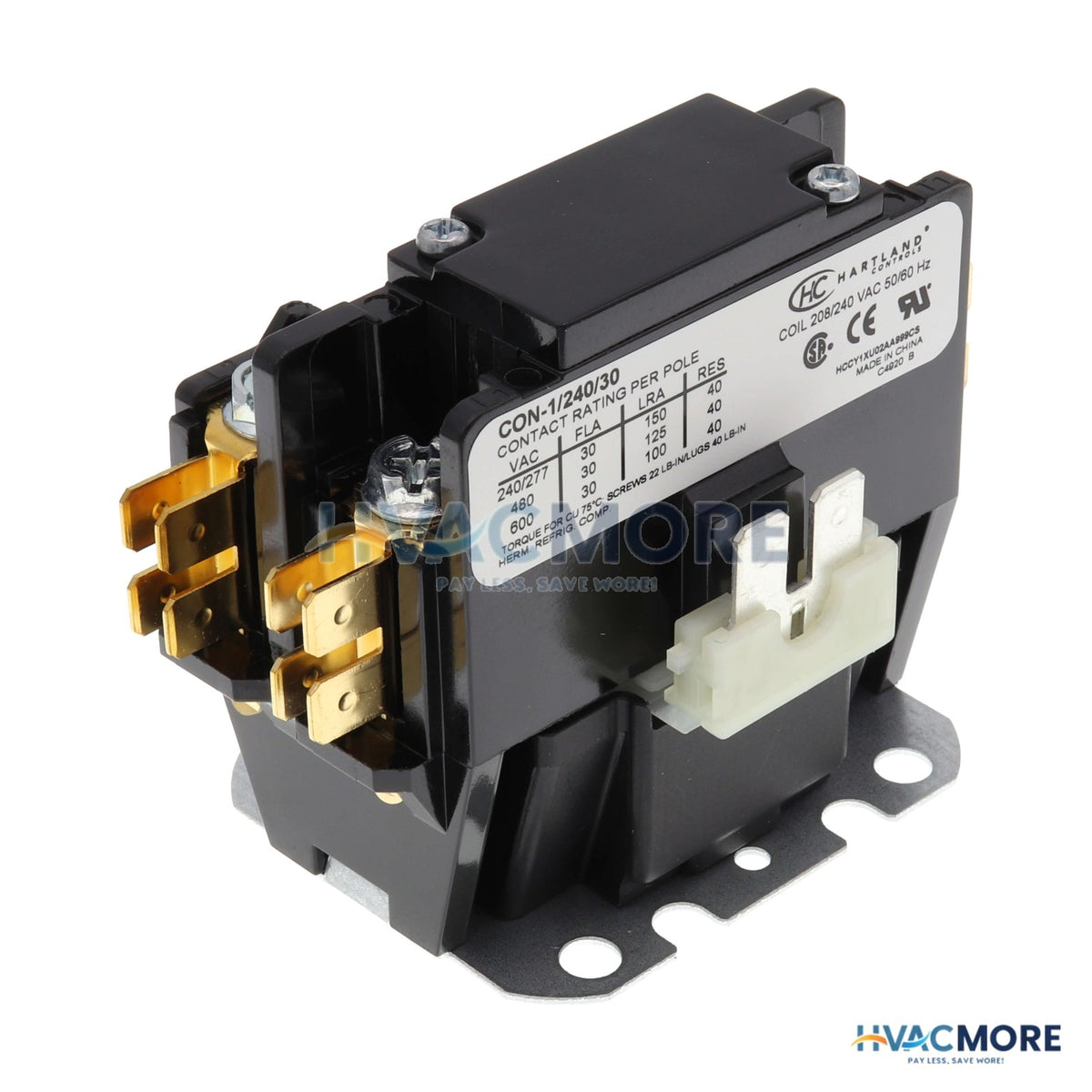 Hartland Controls 1 Pole Contactor W/ Shunt (240V, 30 Amp) CON-1/240/30