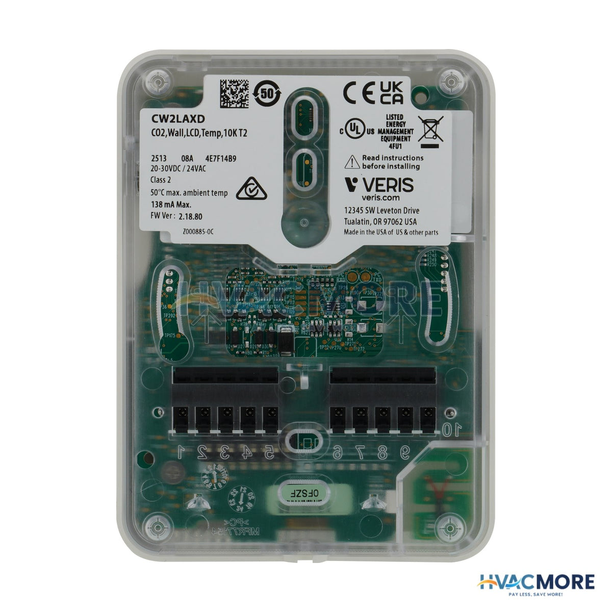 Veris Analog Air Quality Sensor for CO2 & Temperature W/ LCD Display, 10K-T2 Thermistor CW2LAXD