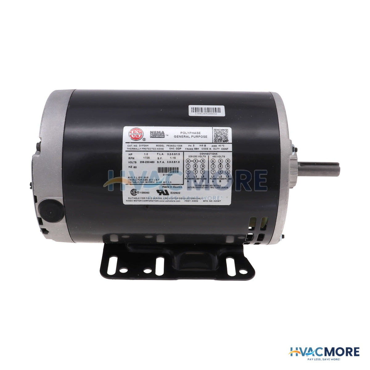 US Motors 3-PHASE ODP General Purpose Motor (208-230/460V, 1 HP, 1725 RPM) D1P2AH