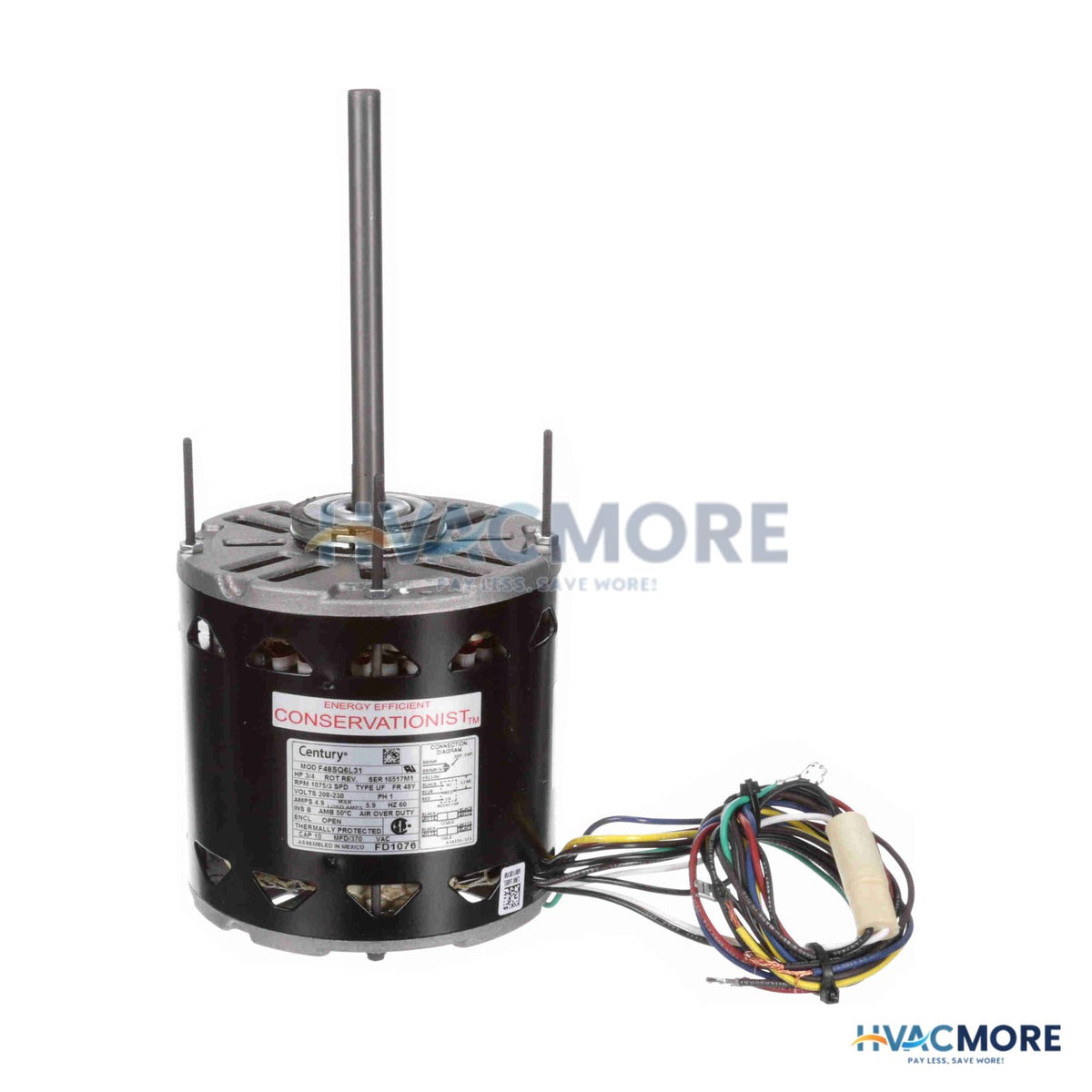 Century 5-5/8" High Efficiency Stock Motor (208-230V, 1075 RPM, 3/4 HP) FD1076