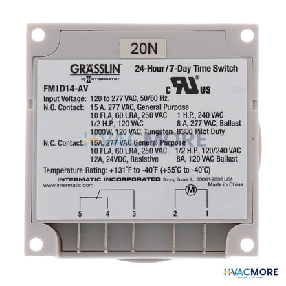 Intermatic One Channel Electronic Time Switch, 15A, SPDT Panel Mounting (120-277V) FM1D14-AV-U