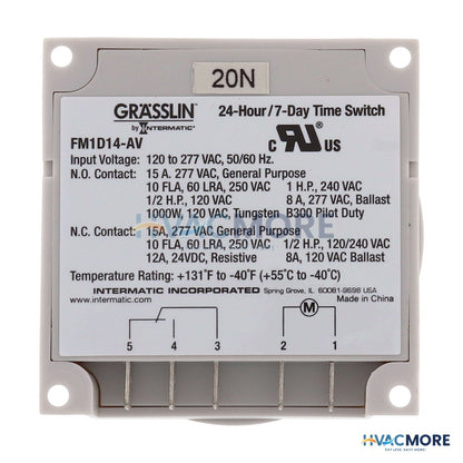 Intermatic One Channel Electronic Time Switch, 15A, SPDT Panel Mounting (120-277V) FM1D14-AV-U