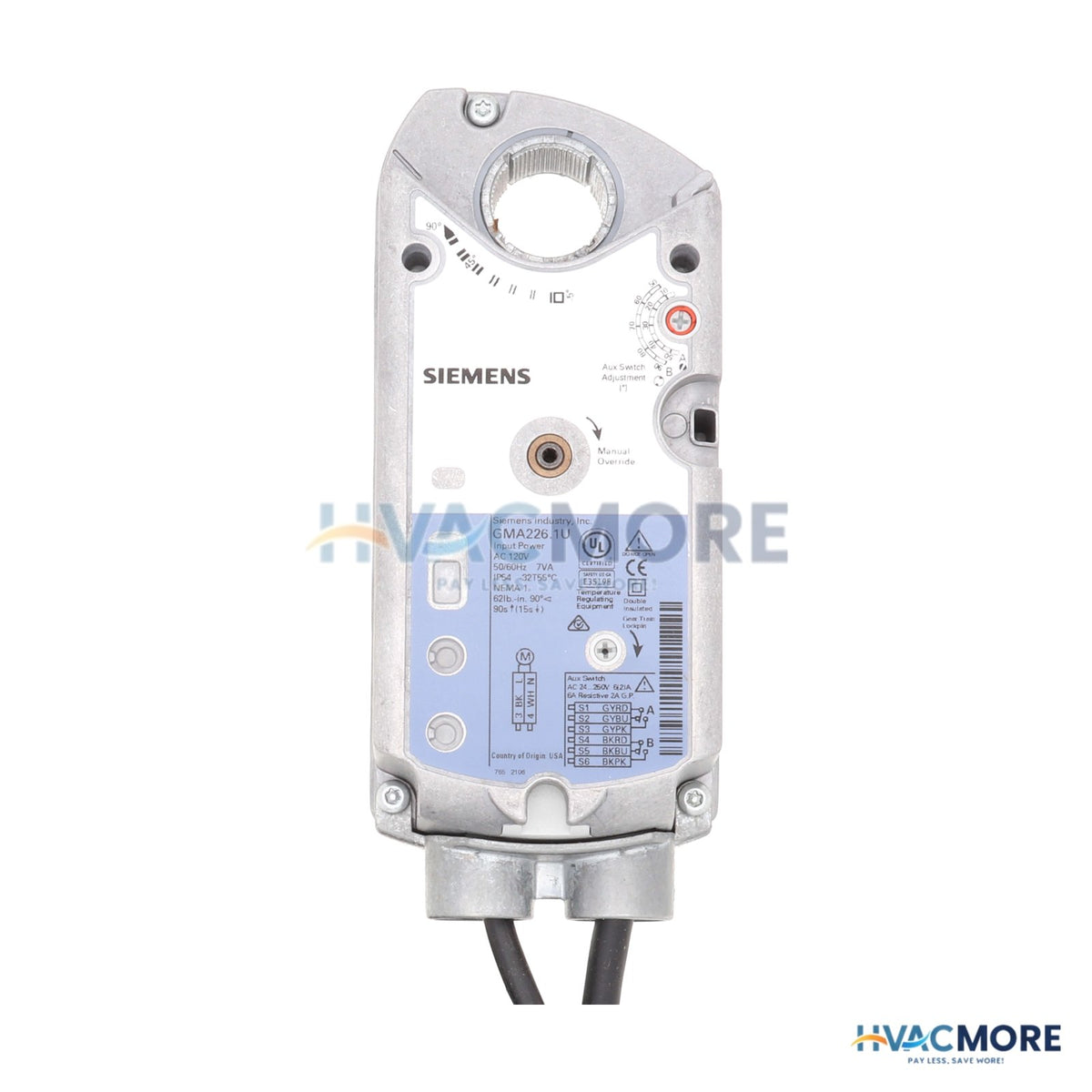 Siemens GMA 2-POSITION SR 62 lb-in Damper Actuator W/ Aux. Switches (120 VAC) GMA226.1U