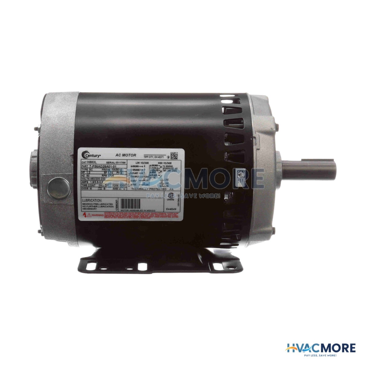 Century 6-1/2" PSC Motor, 1 HP, 1800 RPM, Reversible (200-230/460V) H883L
