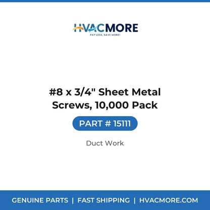 #8 x 3/4" Sheet Metal Screws, 10,000 Pack - 15111