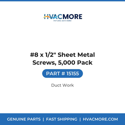 #8 x 1/2" Sheet Metal Screws, 5,000 Pack - 15155