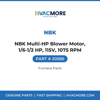 NBK Multi-HP Blower Motor, 1/6-1/2 HP, 115V, 1075 RPM - 20585