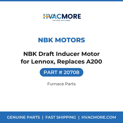 NBK Draft Inducer Motor for Lennox, Replaces A200 - 20708