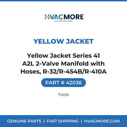 Yellow Jacket Series 41 A2L 2-Valve Manifold with Hoses, R-32/R-454B/R-410A - 42036