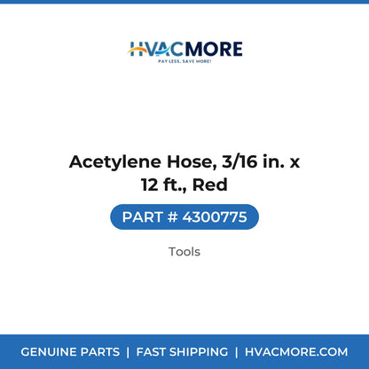 Acetylene Hose, 3/16 in. x 12 ft., Red - 4300775