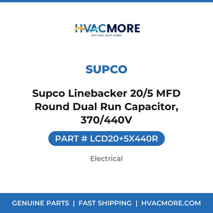 Supco Linebacker 20/5 MFD Round Dual Run Capacitor, 370/440V - LCD20+5X440R