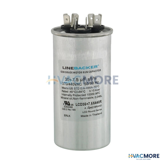 Supco Linebacker 35/7.5 MFD Round Dual Run Capacitor, 370/440V - LCD35+7.5X440R