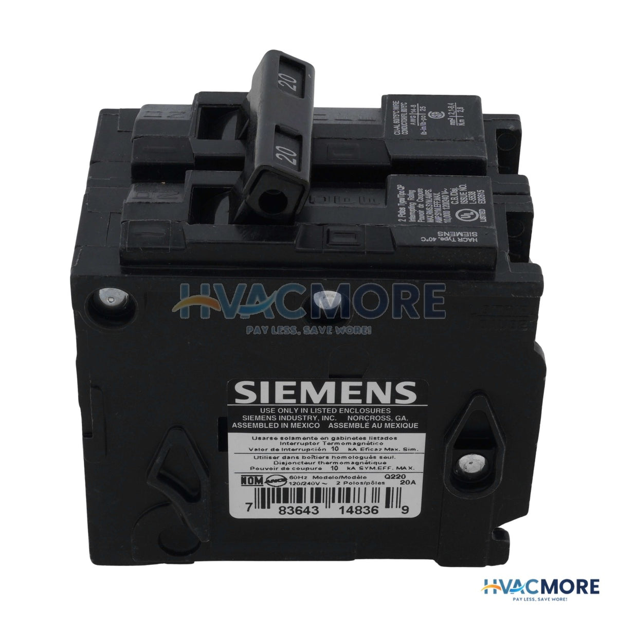 Siemens QP 2-Pole Plug-In Circuit Breaker, 20A 120/240V - Q220