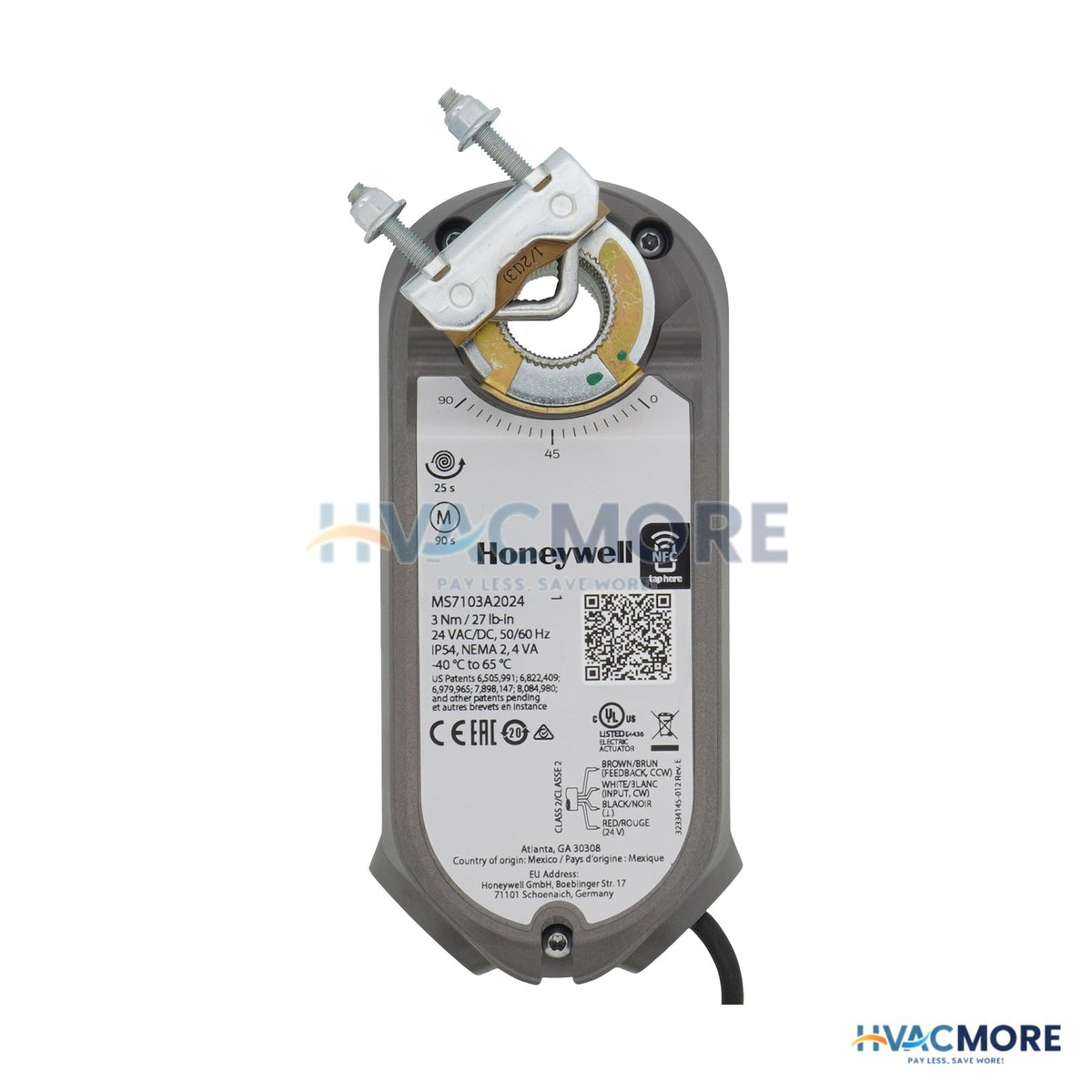 Honeywell 3Nm Spring Return Direct Coupled Mod. Actuator, Feedback & U Bolt Shaft Adapter (27LB-IN) MS7103A2024
