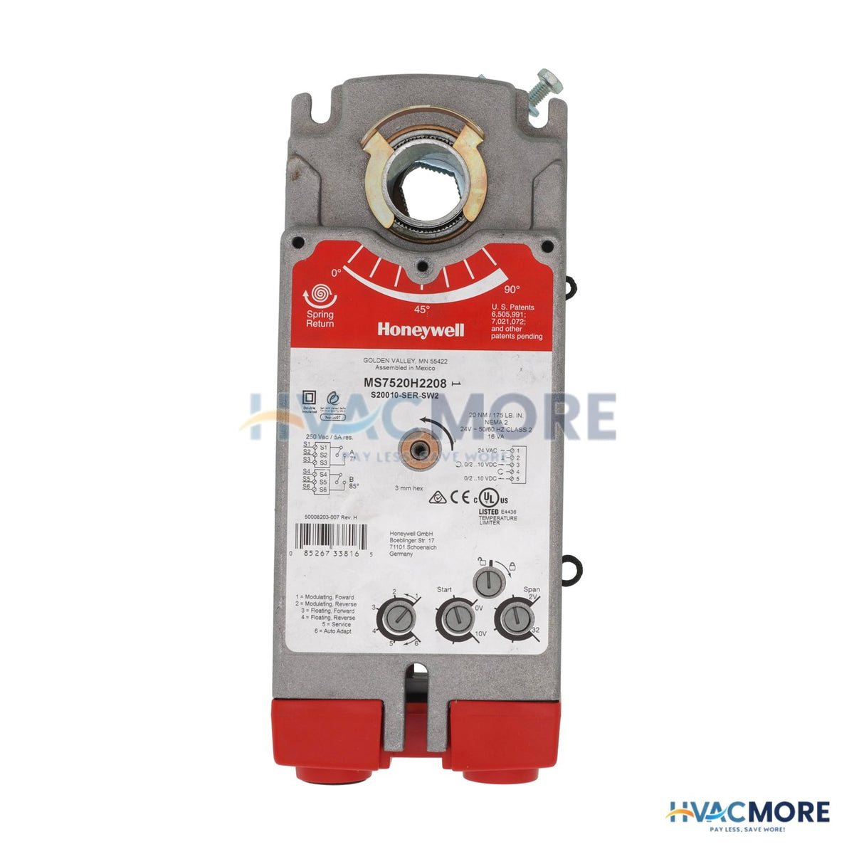 Honeywell Damper Actuator W/ Adjustable Zero & Span Voltage Input (175 lb-in) MS7520H2208
