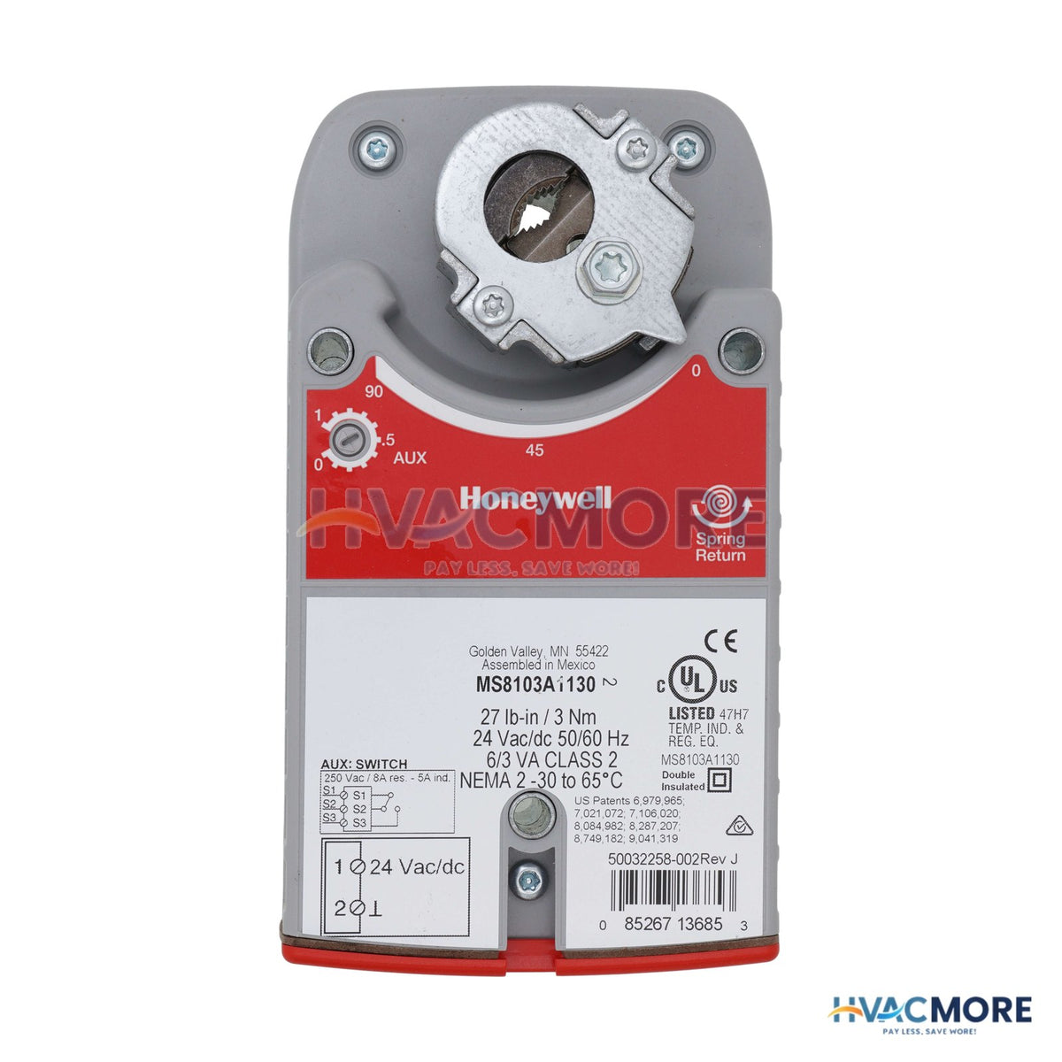 Honeywell 2 position or SPST SR 27 lb-in., 3 Nm, Direct Coupled Actuator W/ Aux Switch MS8103A1130