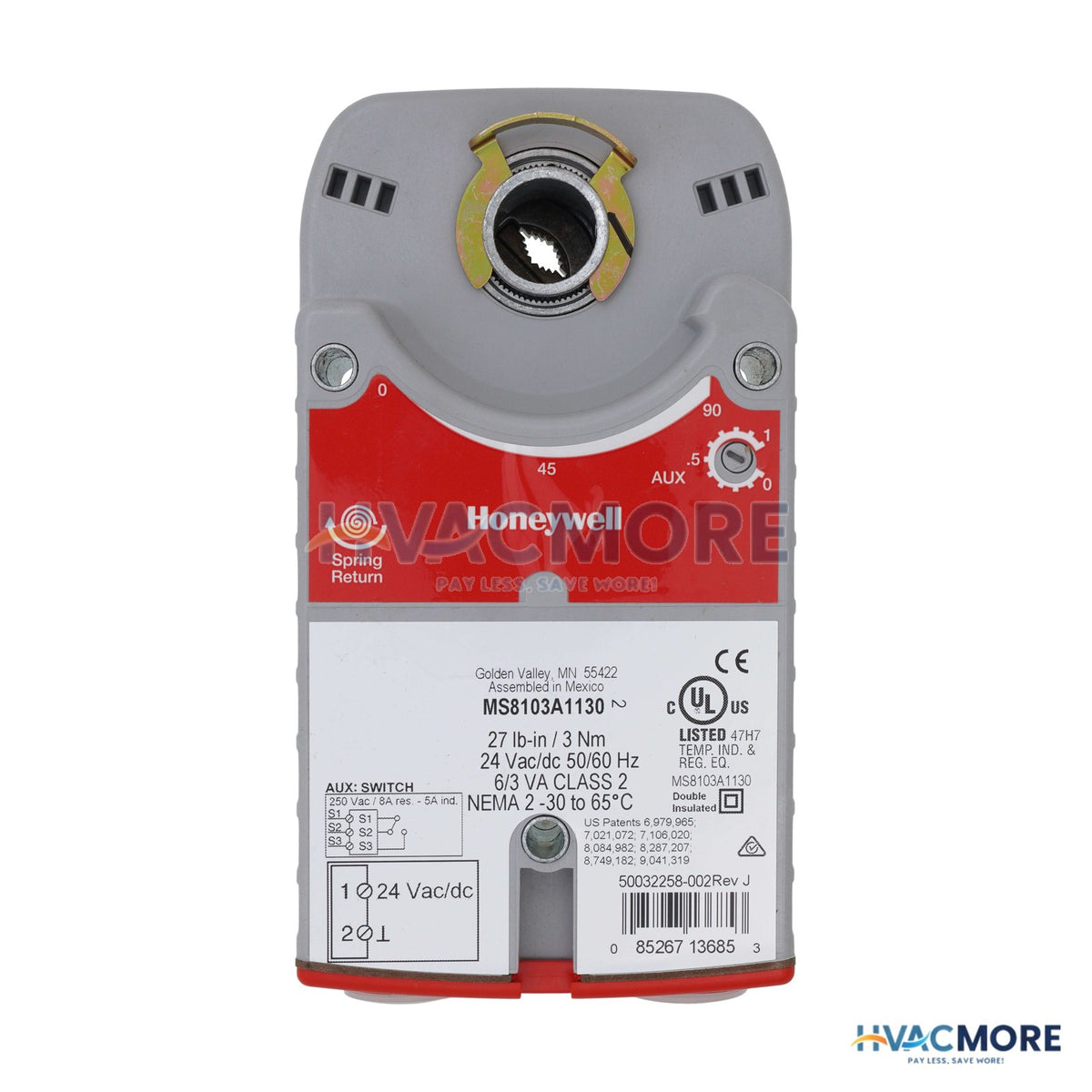 Honeywell 2 position or SPST SR 27 lb-in., 3 Nm, Direct Coupled Actuator W/ Aux Switch MS8103A1130