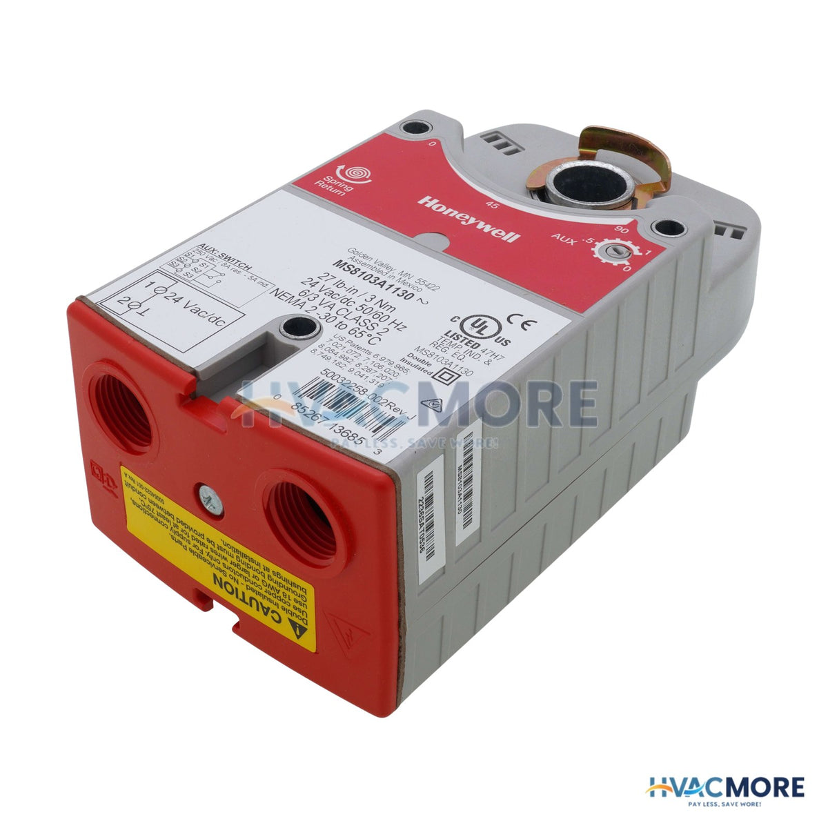 Honeywell 2 position or SPST SR 27 lb-in., 3 Nm, Direct Coupled Actuator W/ Aux Switch MS8103A1130