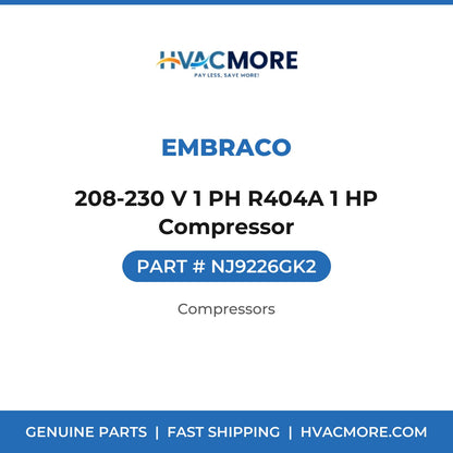 Embraco 208-230 V 1 PH R404A 1 HP Compressor NJ9226GK2