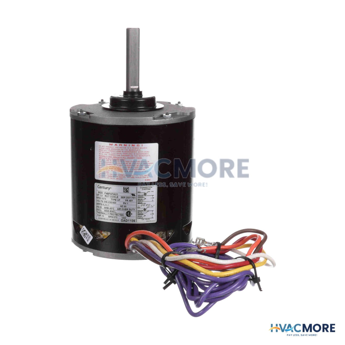 Century 1 HP 208-230/460V OEM Replacement Motor, 1 PH, 1075 RPM, 48 Frame, Semi Enclosed OAD1106