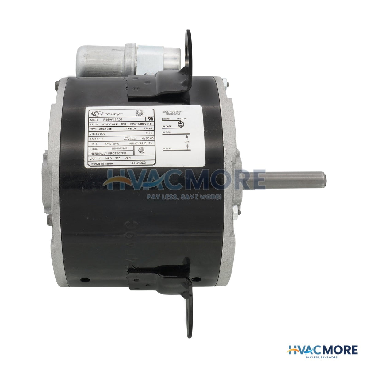 Century 1/4 HP 230V OEM Replacement Motor, 1350/1625 RPM, 1SPEED, 48 Frame, Semi Enclosed OTC1862