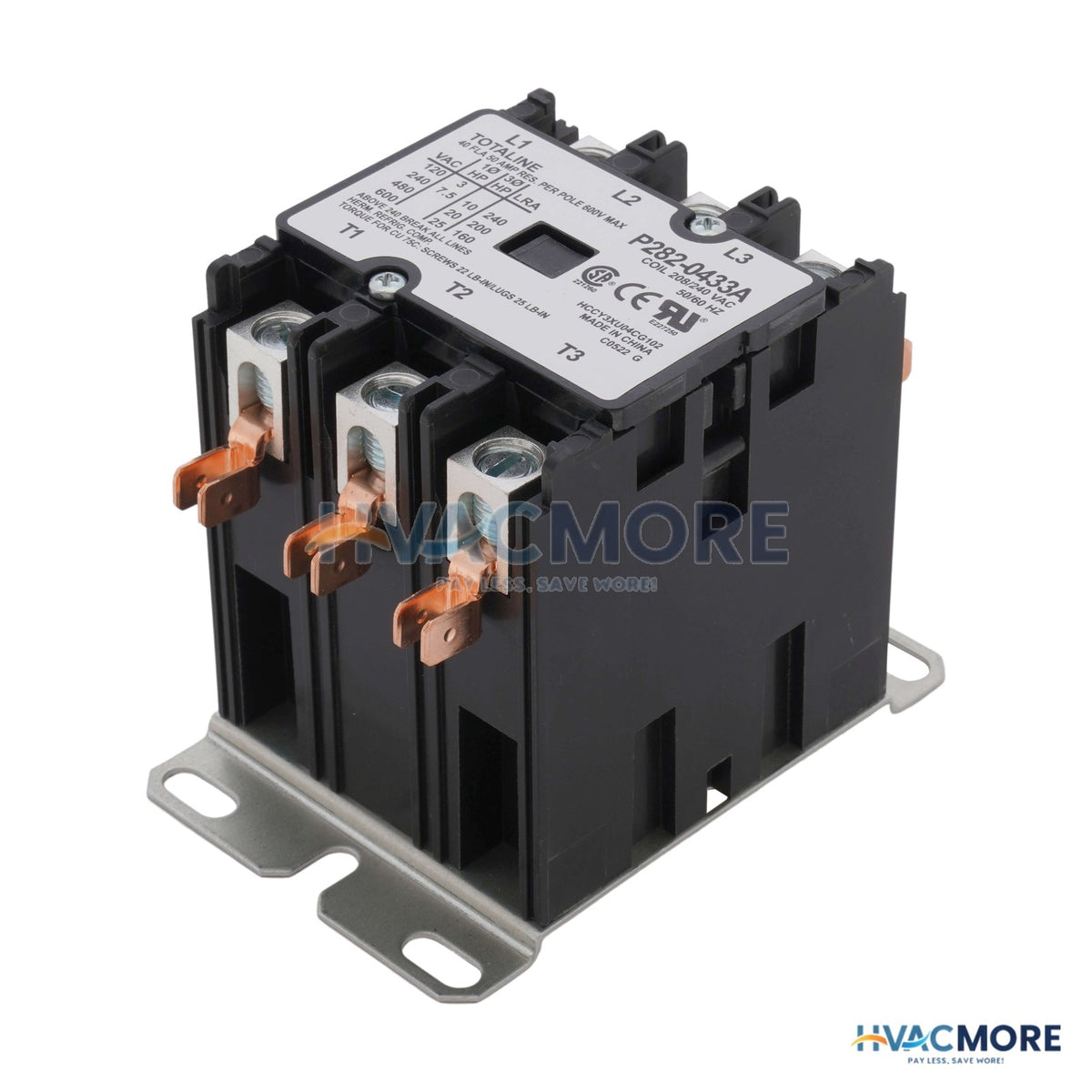 Carrier 3 Pole Contactor, 208/240V 50 Amp P282-0433A