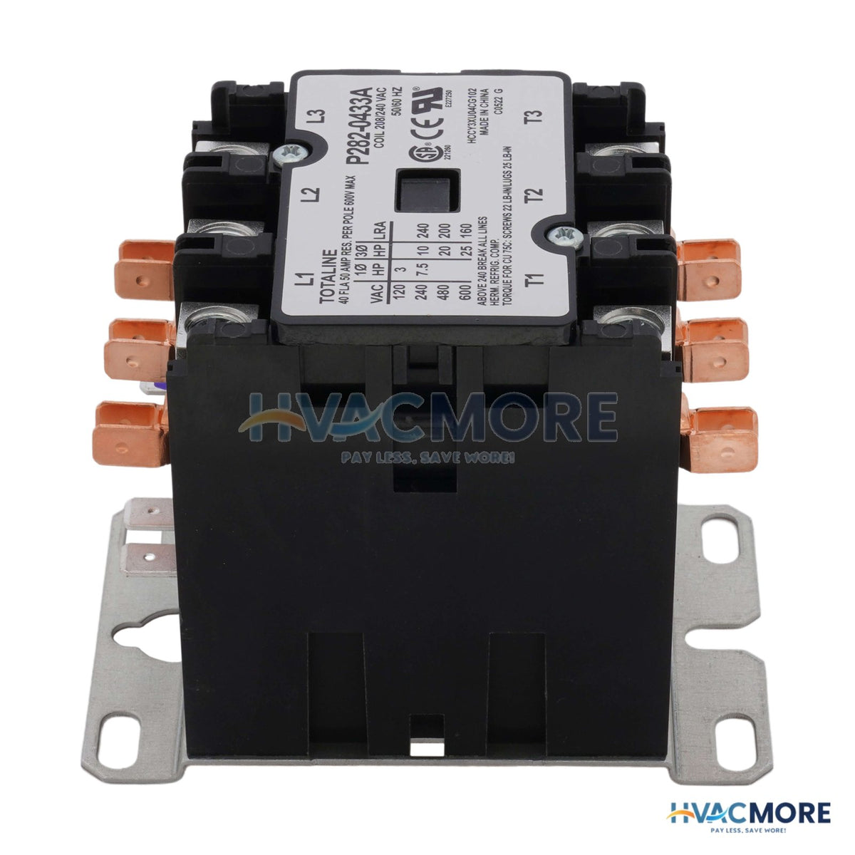 Carrier 3 Pole Contactor, 208/240V 50 Amp P282-0433A