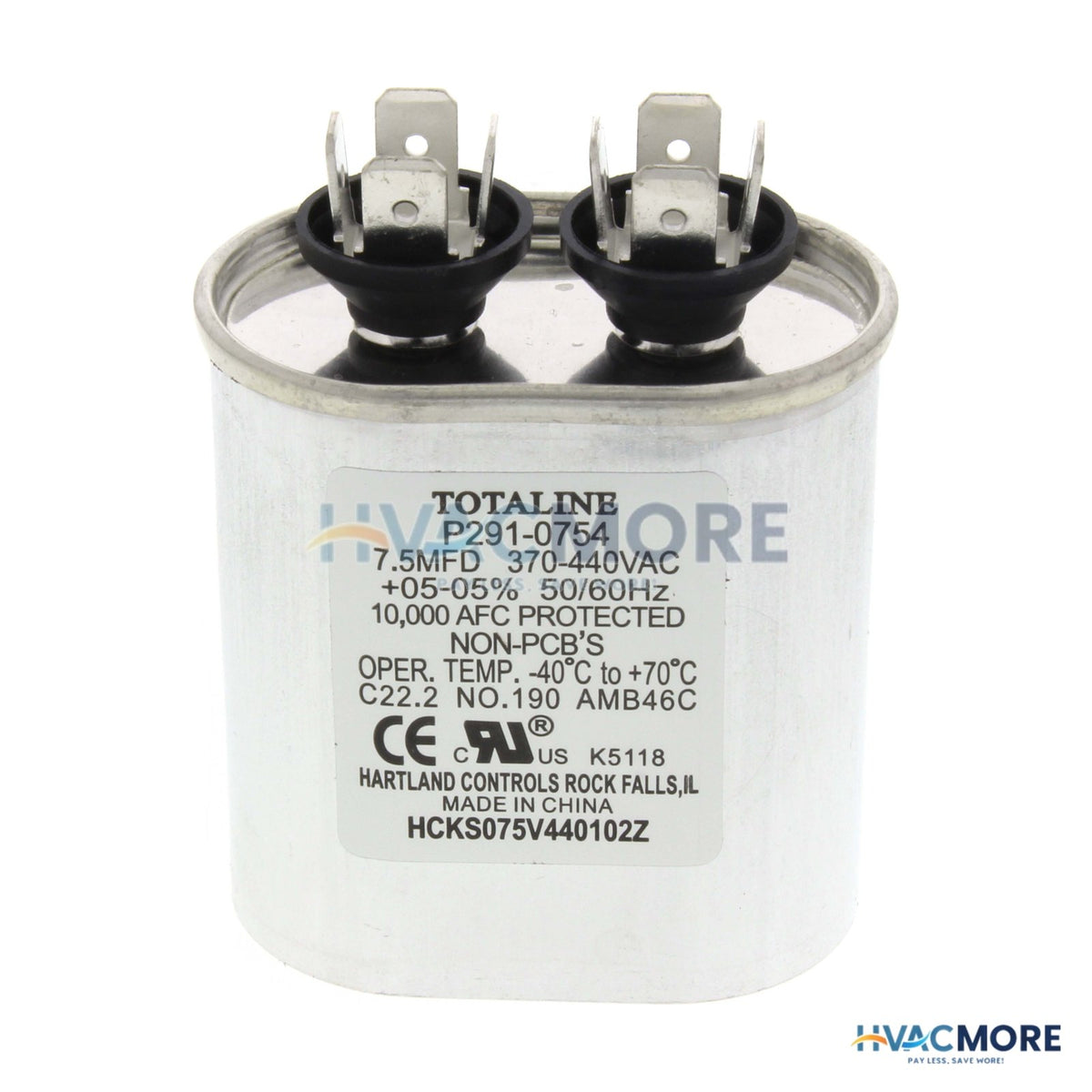 Carrier 440V Single Oval Run Capacitor, 7.5 MFD P291-0754