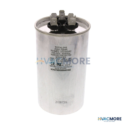 Carrier 440V Dual Round Run Capacitor, 75/5 MFD P291-7554R