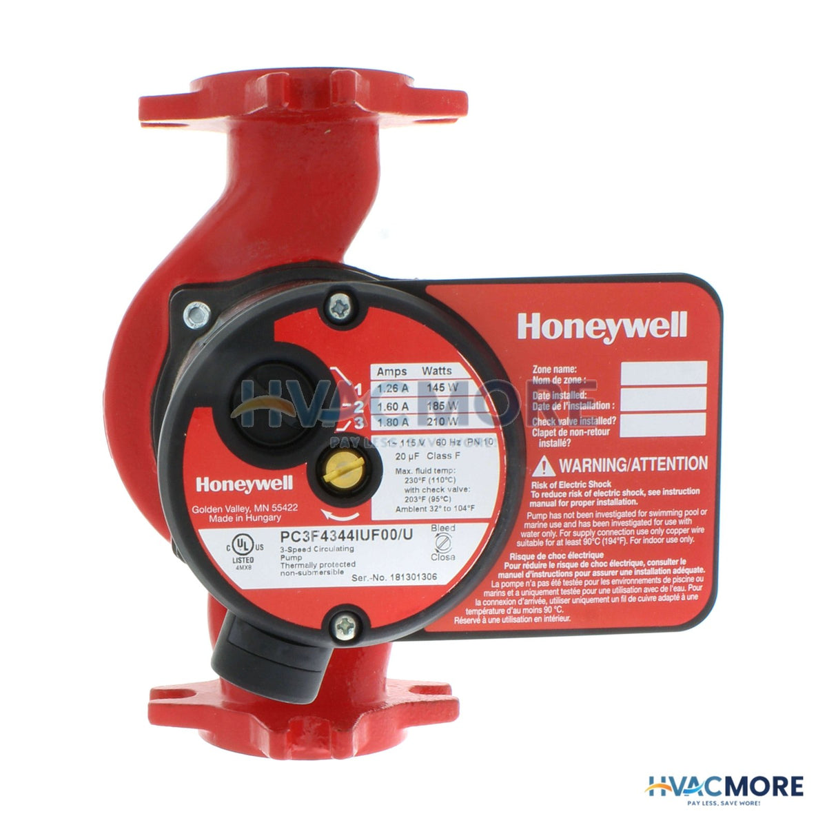 Resideo AquaPUMP Hydronic 3-SPEED Circulator Pump, 45 GPM PC3F4344IUF00