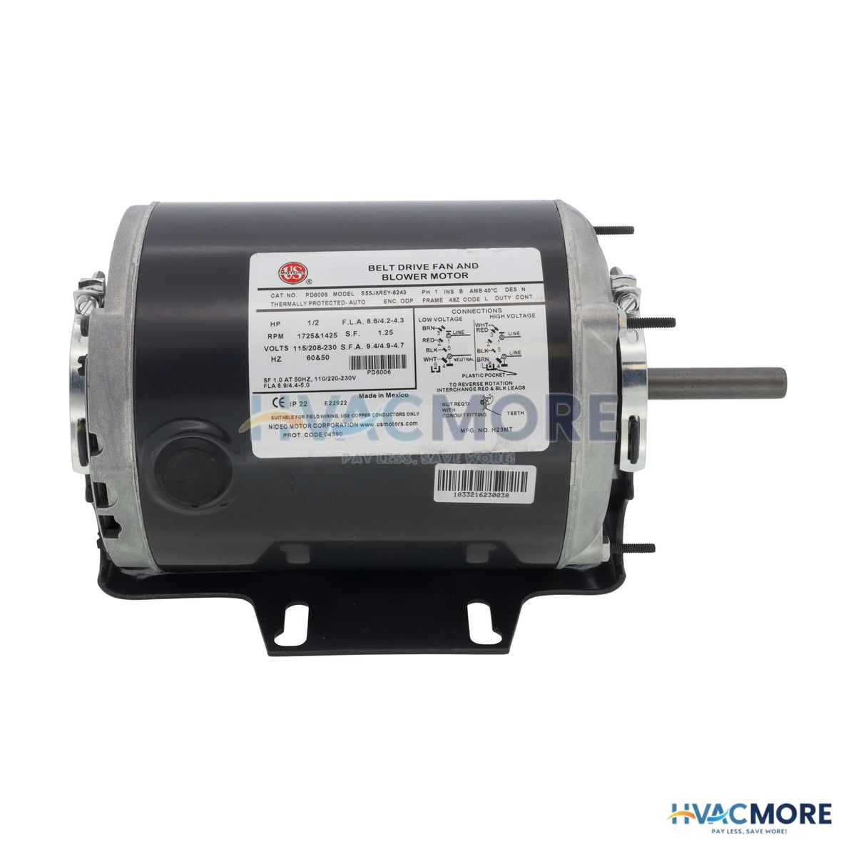 US Motors 1 Spd Belted Fan/Blower Motor (115/208/230V, 1/2 HP, 1725 RPM) PD6006