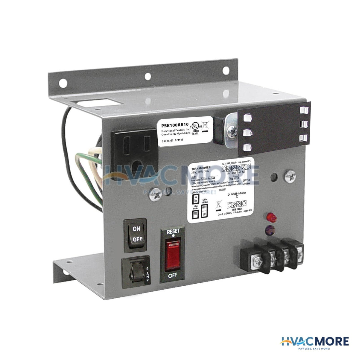 Functional Devices Panel Mount Single 100VA Power Supply, 120 VAC to 24 VAC PSB100AB10
