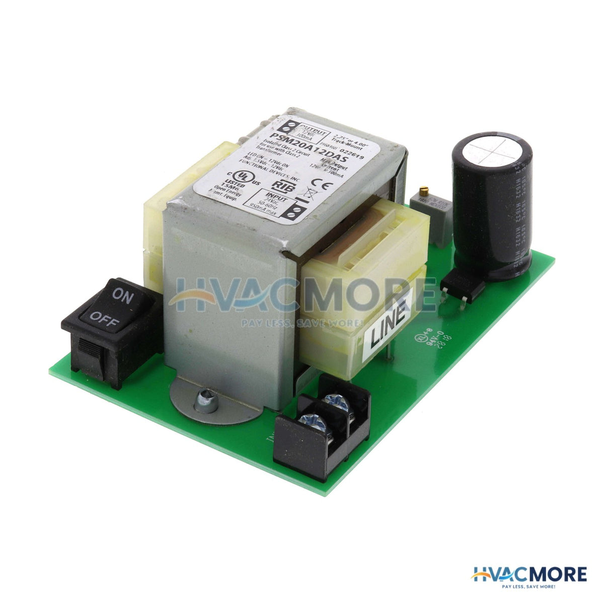 Functional Devices 4" & 2.75" Track Mount DC Power Supply, 24 VAC-1.5 VDC-12 VDC PSM20A12DAS