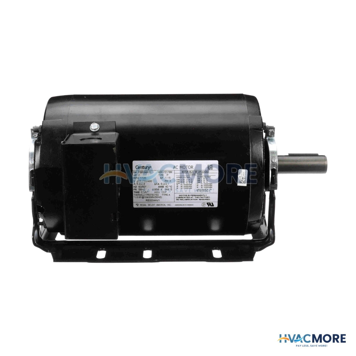 Century 3-PHASE OPD Resilient Base Motor W/ Auto Overload Protector (208-230/460V, 1725 RPM, 2 HP) RB3204AV1