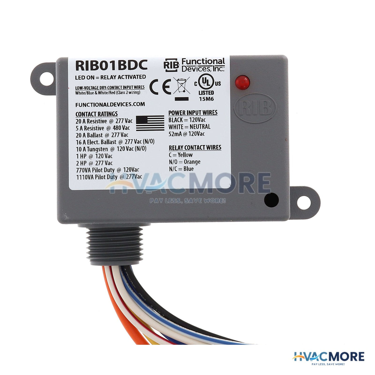 Functional Devices Enclosed Dry Contact Input Relay - 20 Amp SPDT, Class 2 (120 VAC) RIB01BDC